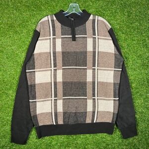Studio by Omega Mens Large Quarter‎ Zip Plaid Knit Sweater Black Tan